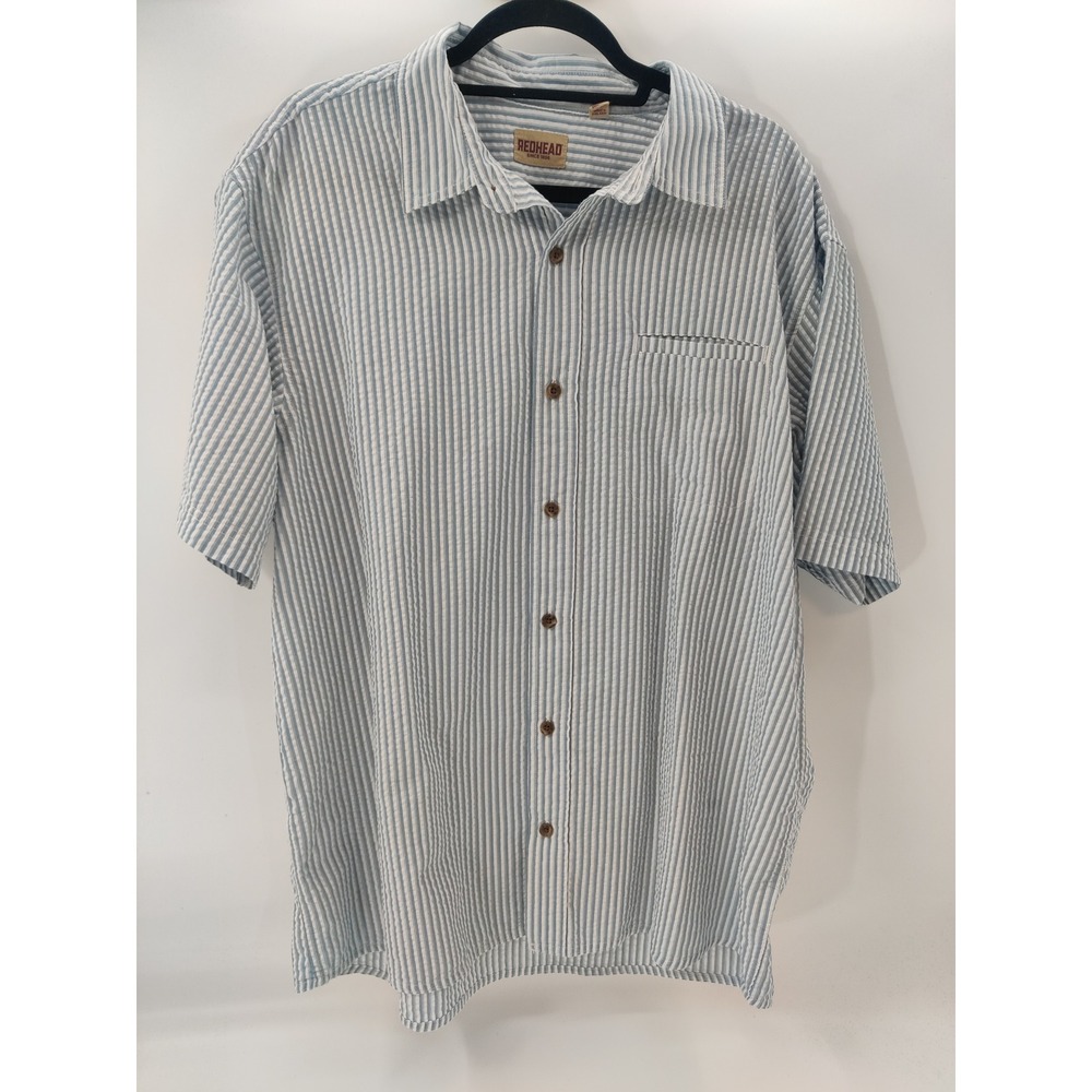 REDHEAD Seersucker Striped Short Sleeve Button Up Shirt Mens XL Blue White